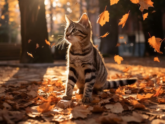 playful cat batting at falling autumn leaves in a sunlit garden