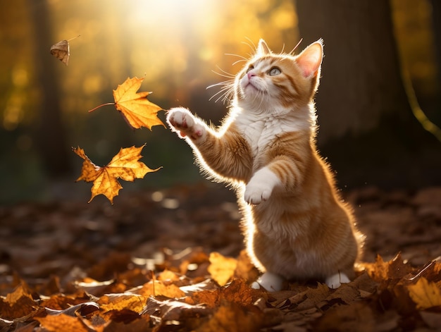 playful cat batting at falling autumn leaves in a sunlit garden