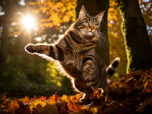 playful cat batting at falling autumn leaves in a sunlit garden