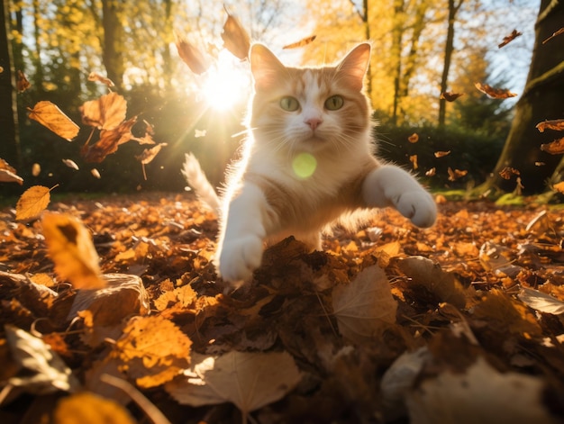 playful cat batting at falling autumn leaves in a sunlit garden