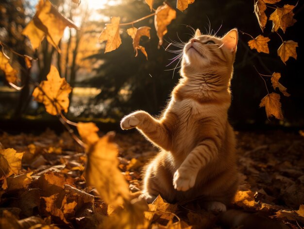 陽光に照らされた庭で落ち葉を眺めてバッティングする遊び心のある猫