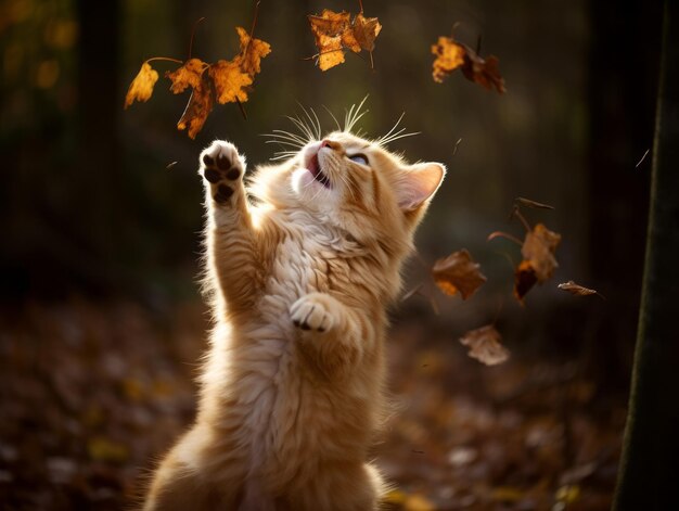 陽光に照らされた庭で落ち葉を眺めてバッティングする遊び心のある猫