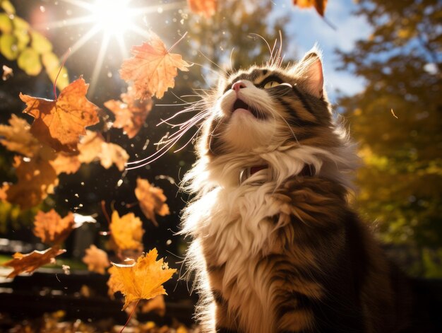 Photo playful cat batting at falling autumn leaves in a sunlit garden