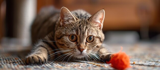 Playful Cat Engages With Toy on Floor