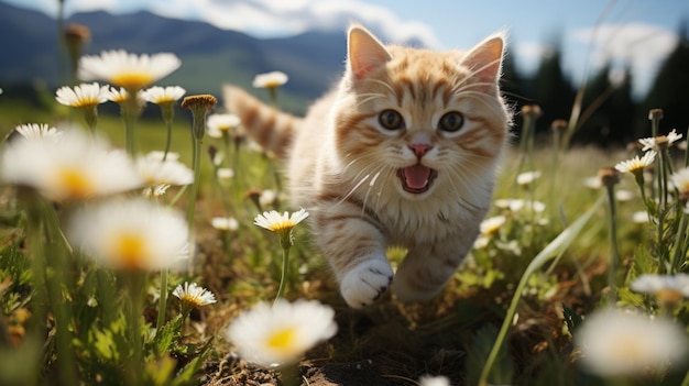 Игровая кошка наслаждается солнечным цветочным лугом