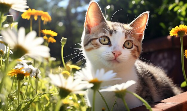 A playful cat in flower garden generative ai