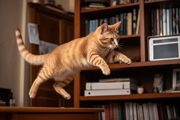 Игровая кошка прыгает с книжной полки на пол, созданная с помощью генеративного искусственного интеллекта