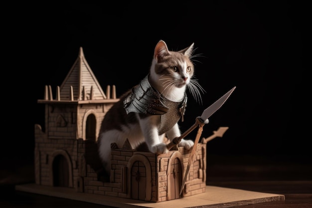Foto giocoso gatto nel castello di cartone in miniatura