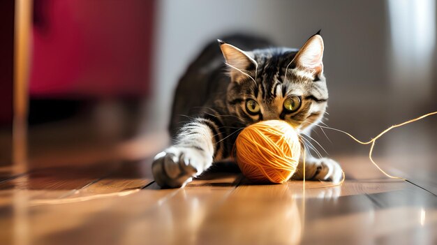 A playful cat pawing at a ball of yarn on a hardwood floor