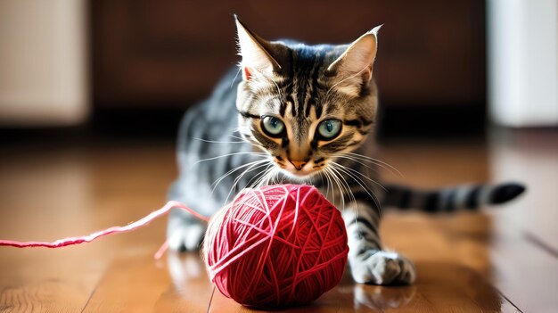 A playful cat pawing at a ball of yarn on a hardwood floor