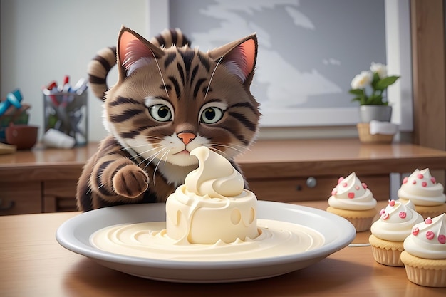 Foto playful cat pawing at frosting with delight