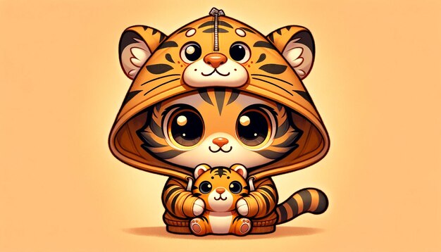 Photo playful cat in tiger hoodie stylized illustration