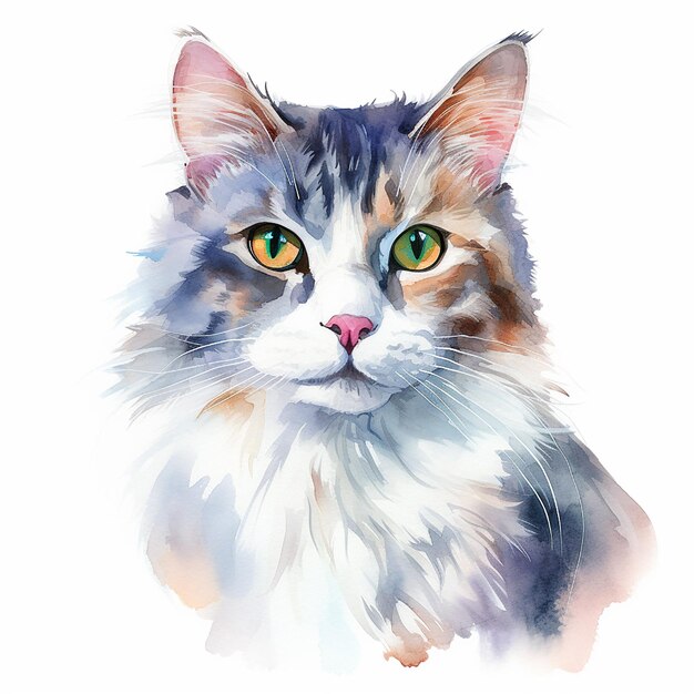 Playful Cat Watercolor Drawing on a White Background