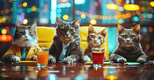 Playful cats dressed as corporate leaders in a vibrant discussion