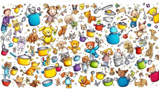 Фото Игральный хаос цветные рисунки игрушек для маленьких детей и кухонной посуды в причудливом рисунке