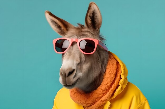 The playful character of the donkey in glasses and hoodie clothes on a blue background The concept of fashion style and fun is minimal Generated AI