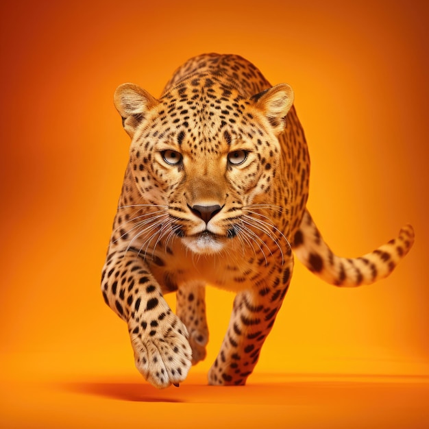 Playful cheetah sprinting against vibrant orange background