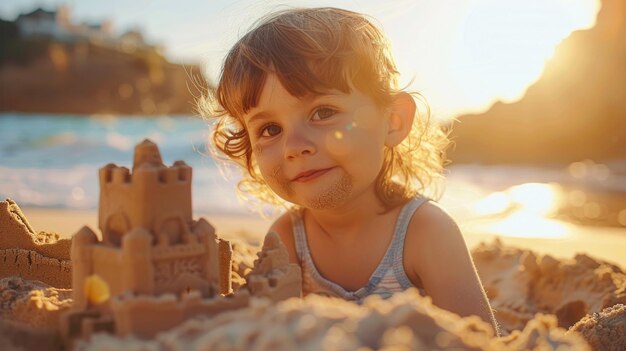 A playful child builds a sandcastle on the shore