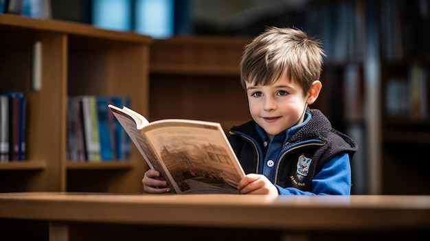 Playful childhood Little boy having fun at room with bookshelf Boy reading book