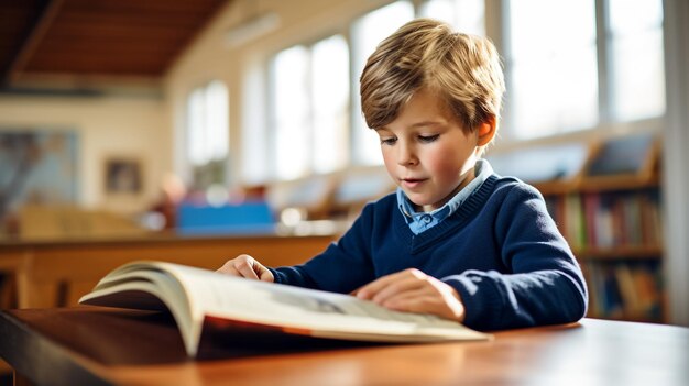 Foto infanzia giocosa piccolo ragazzo che si diverte nella stanza con la libreria ragazzo che legge un libro