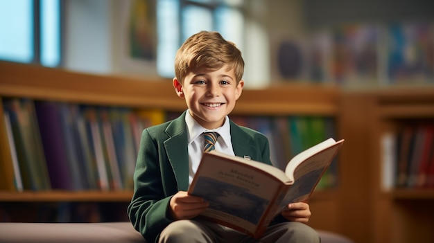 遊び心のある幼少期 小さな男の子が本棚のある部屋で楽しんでる 男の子が本を読んでいる