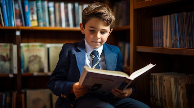Playful childhood Little boy having fun at room with bookshelf Boy reading book