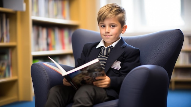 Playful childhood Little boy having fun at room with bookshelf Boy reading book