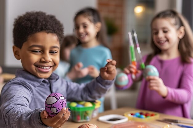 Playful Children Engaging in the Delightful Creation of Easter Decorations with Soothing Light Tones