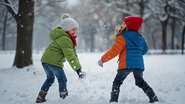 Playful children having fun in the park on a snowy winter day