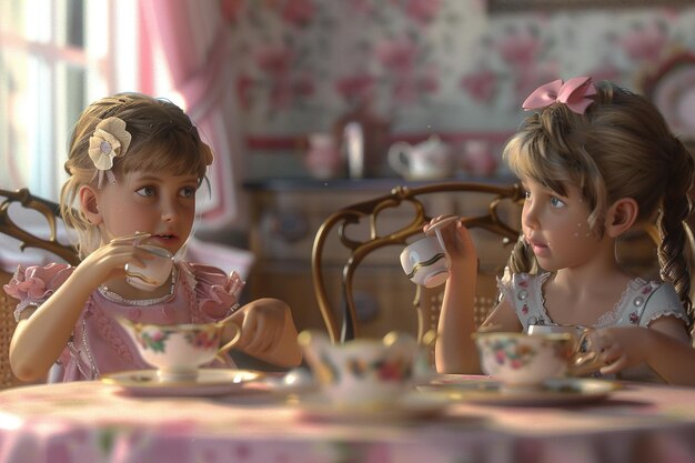 Photo playful children having a tea party and using pret