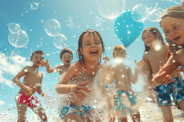 Photo playful children having a water balloon fight and