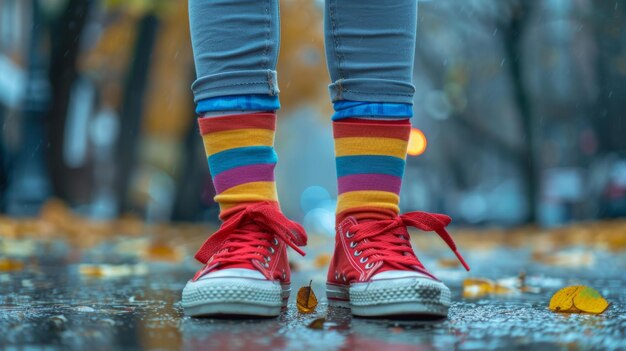 Playful Childs Feet in Mismatched Socks and Red Sneakers Outdoors Generative AI