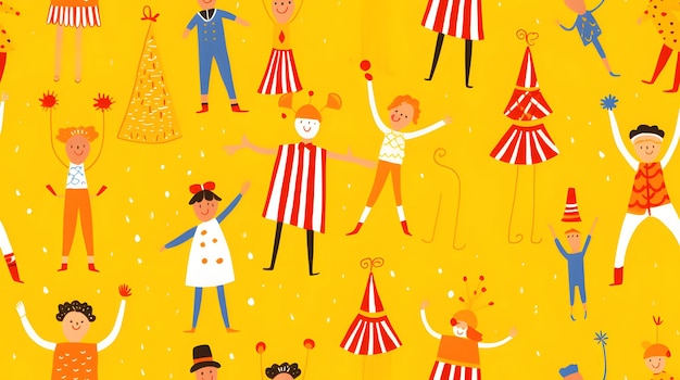 Playful circus pattern with a bright yellow background