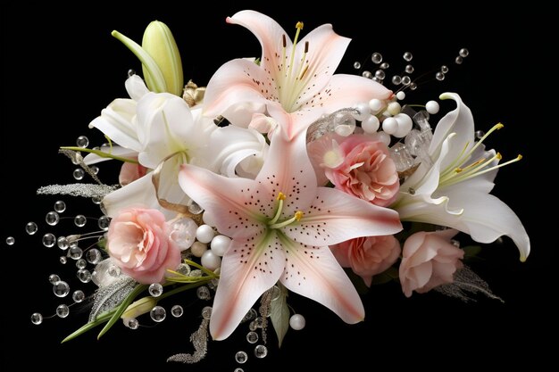 Playful composition of a lily bouquet with added whimsical elements