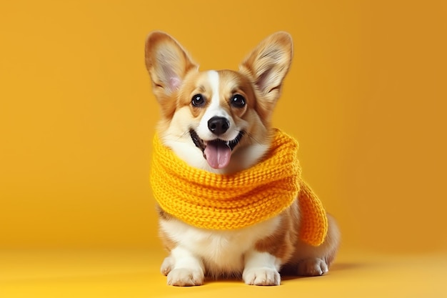 Photo playful corgi delight adorable dog enjoying warm knitted plaid on a sunny yellow day