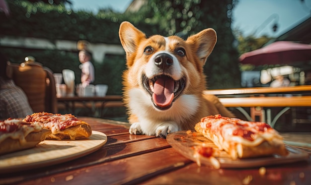 写真 遊び心のあるコルギは 予期せぬお子を楽しんで 食べ物への無敵な愛を披露しています 創造的なaiツールで作られました