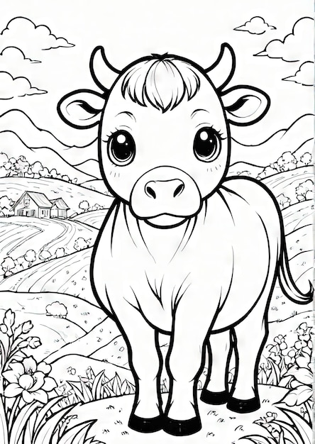 Фото Играющая корова в поле аи-генерированная страница для раскрашивания для детей