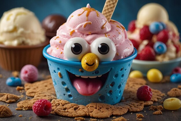 A playful cup of ice cream with googly eyes and a smil