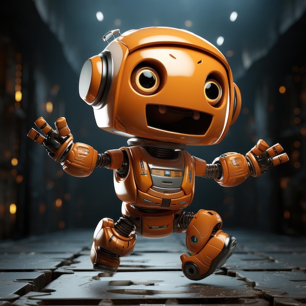 The playful cute orange robot joyfully runs towards