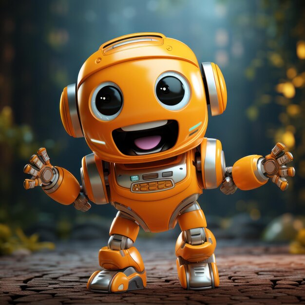 Playful cute orange robot leaping or dancing