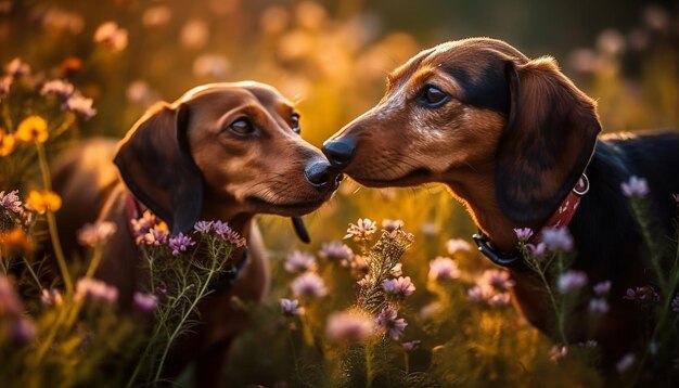 A playful dachshund and beagle sit in a wildflower meadow generative AI