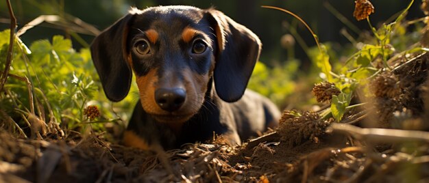 Playful dachshund puppy in woods