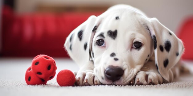 Playful Dalmatian Puppy Chewing on Red Ball