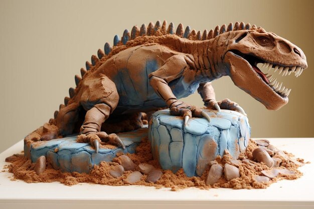 Playful dinosaur excavation cake with edible fossils