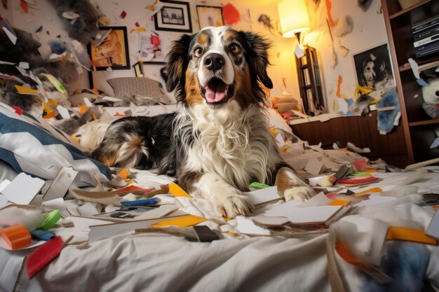 Playful dog amidst bedroom chaos