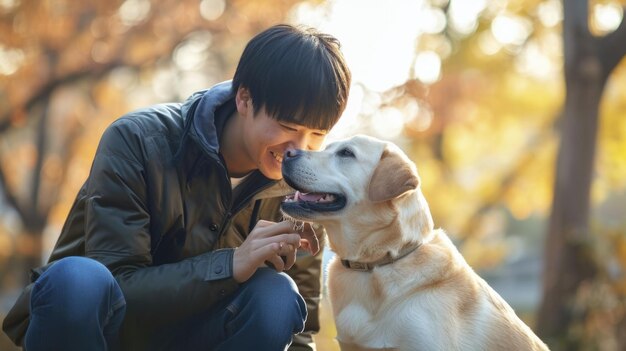 사진 놀이하는 개와 그 주인이 자연에서 야외 프라그마