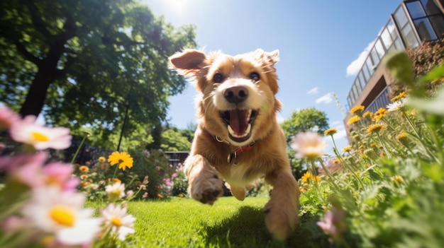 Игривая собака гоняется за хвостом в оживленном городском парке солнечным летним днем