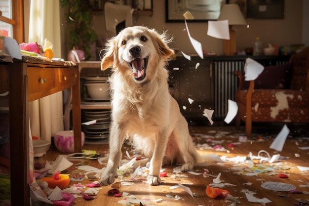 Foto il cane giocoso crea un'adorabile bolgia in casa