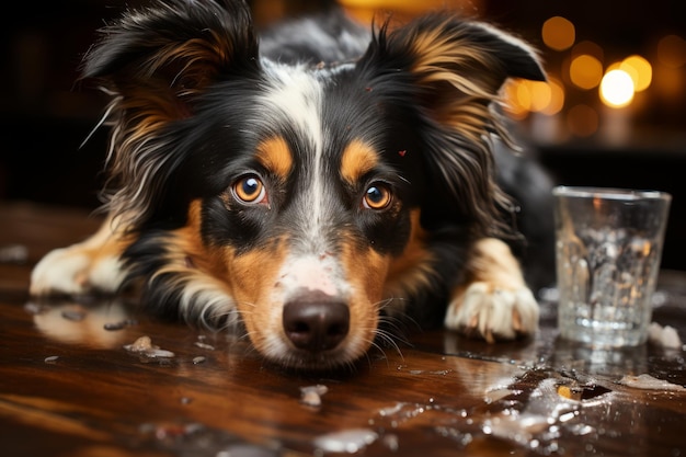 Photo playful dog creating chaos by gnawing on slippers making a mess in the cozy home setting