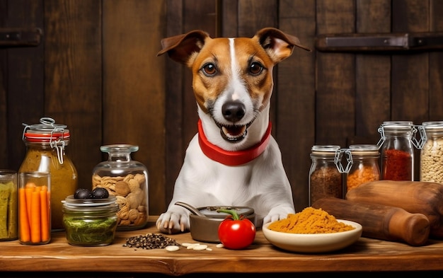 Playful Dog in Culinary Ingredients Background Generative AI